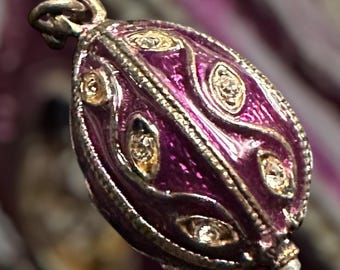 Antique Silver 800 Rhinestone Purple Enamel Russian Egg Charm Pendant