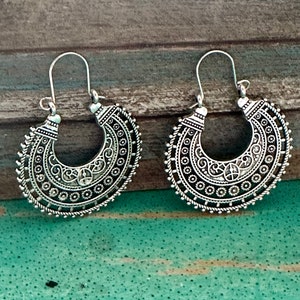 Vintage Style Silver Boho Ethnic Hoop Earrings