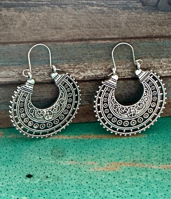 Vintage Style Silver Boho Ethnic Hoop Earrings