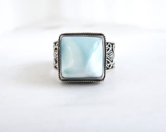 Vintage Sterling Silver 925 Bohemian Genuine Larimar Unique Ring Size 9