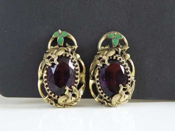 Vintage Czech Glass & Enamel Amethyst Snake Earri… - image 7