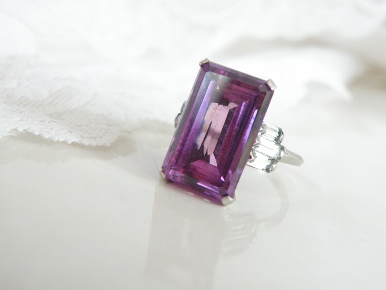 Vintage Mid Century Sterling Silver 925 Simulated Purple Sapphire Cocktail Ring 7