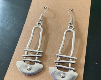 Silver Industrial Rustic Modernist Long Dangle Half Circle Earrings