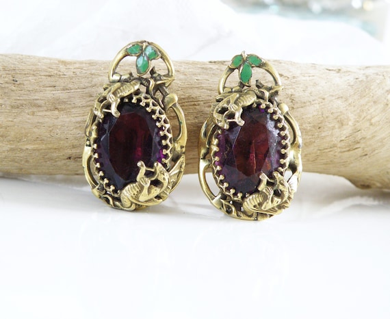 Vintage Czech Glass & Enamel Amethyst Snake Earri… - image 2