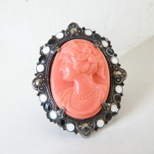 Vintage Old Italian 900 Silver Orange celluloid Coral Cameo Maiden Enamel Ring Size 5.5