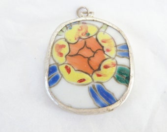 Vintage Ancient Sterling Silver 925 Old Porcelain China Hand Painted Shard Pendant Large