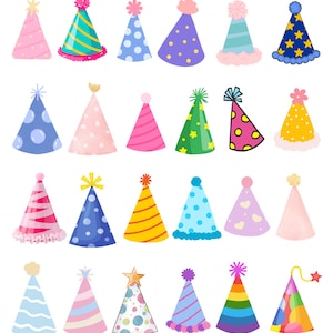 Könnte beinhalten: Eine Sammlung bunter Partyhüte in verschiedenen Designs. Die Hüte weisen Streifen, Punkte, Sterne und andere dekorative Elemente auf. Zu den Farben gehören Rosa, Blau, Gelb, Grün und Lila. Jeder Hut hat eine einzigartige Form und Verzierung.