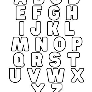 May include: Black and white alphabet letters A through Z, each with a rounded, bubble-like design. The letters are outlined in black, with a white interior, perfect for coloring or educational purposes.