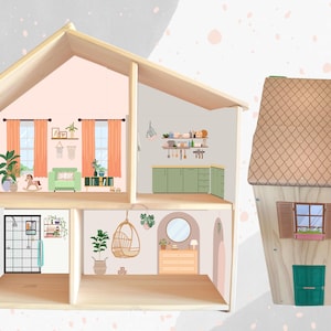 May include: A wooden dollhouse with multiple rooms, each decorated with different themes. The rooms include a living room with a couch, a kitchen with cabinets, a bathroom with a shower, and a bedroom with a bed. The dollhouse is painted in pastel colors and has a brown roof.