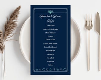 May include: A blue and white Hanukkah dinner menu with a menorah graphic at the top. The menu lists appetizers, main course, and desserts, including latkes, matzo ball soup, challah, crispy lemon salmon, braised beef brisket, noodle kugel, honey balls, sufganiyot, and babka.