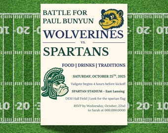 Inbjudan till Michigan vs Michigan State Football | Kampen om Paul Bunyan-trofén | Wolverines vs Spartans vintagelogotyper