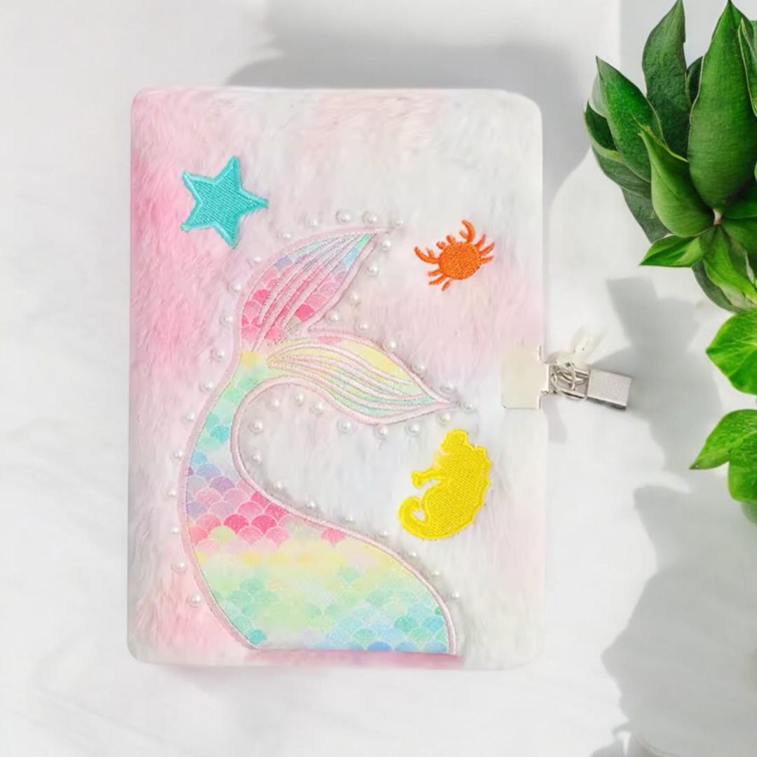 Mermaid Notebook - Personalized Fluffy Rainbow Journal With Lock ...