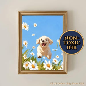 Personalized Golden Retriever Puppy Running In Daisy Field Painting - Blue Skies Grass Field Sunny Day, Summer Golden Retriever Wall Art