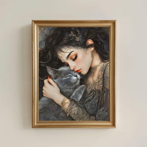 Victorian Goth Woman Hugging Gray Cat Wall Art Painting - Vintage Medieval Girl And Russian Blue Cat Artwork, Moody Gothic Cat Mom Present