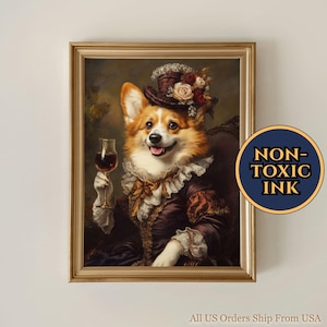 Funny Corgi Drinking Red Wine Oil Painting Print, European Regal Home Bar Lounge Wall Art, Surreal Alternative Vintage Victorian Dog Decor