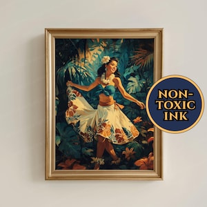 Hula Girl Canvas Print Tropical Wall Art Hawaiian Dance Decor Framed Island Poster Gift Vintage Aesthetic Floral Skirt Painting For Home