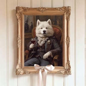 Grappige Samojeed wijn drinken kunst aan de muur schilderij, vorstelijk Samojeed portret canvas, beste Samojeed vader ooit cadeau, hond gekleed in pak bar decor