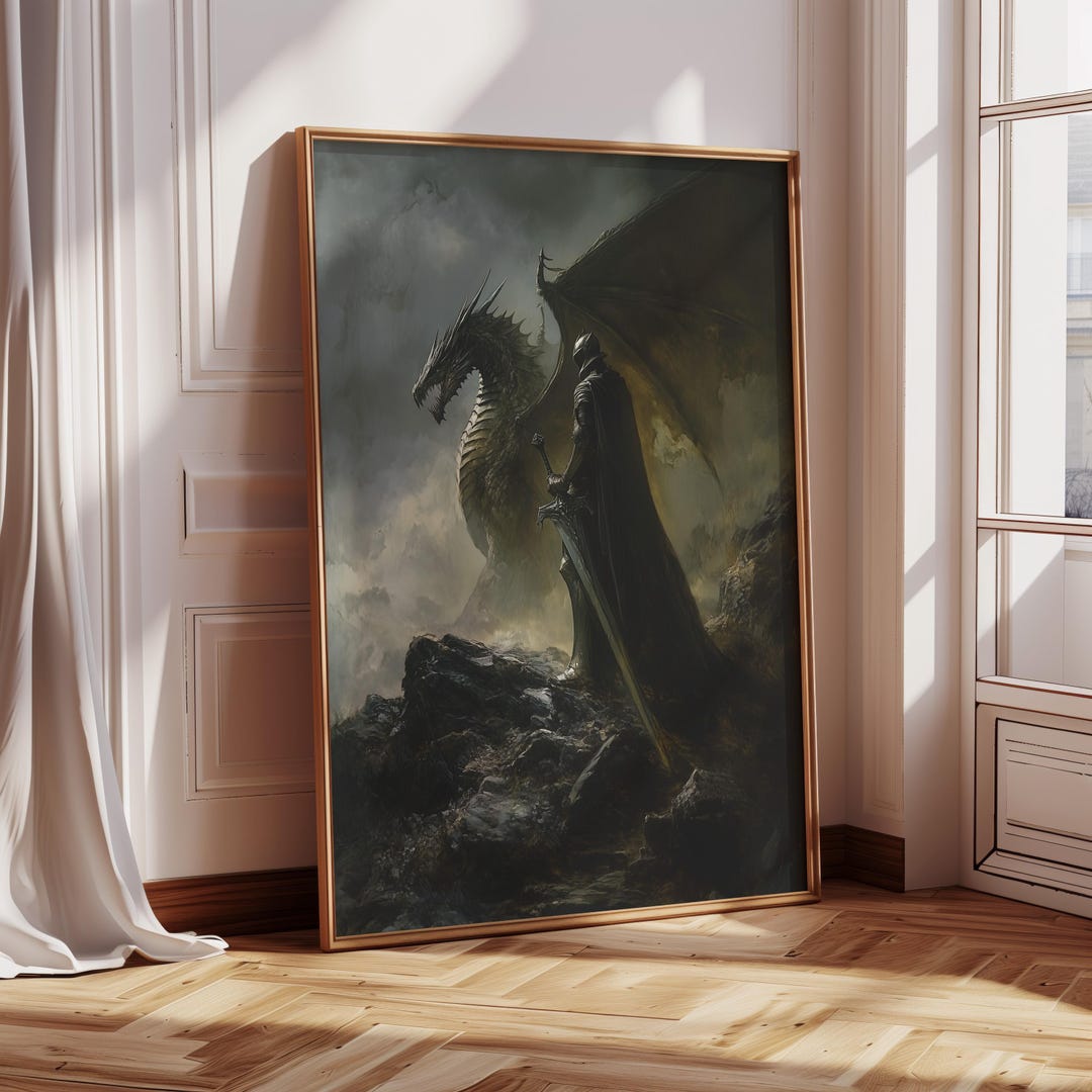 Dark Fantasy Knight & Dragon Wall Art – Gothic Medieval Warrior Print ...
