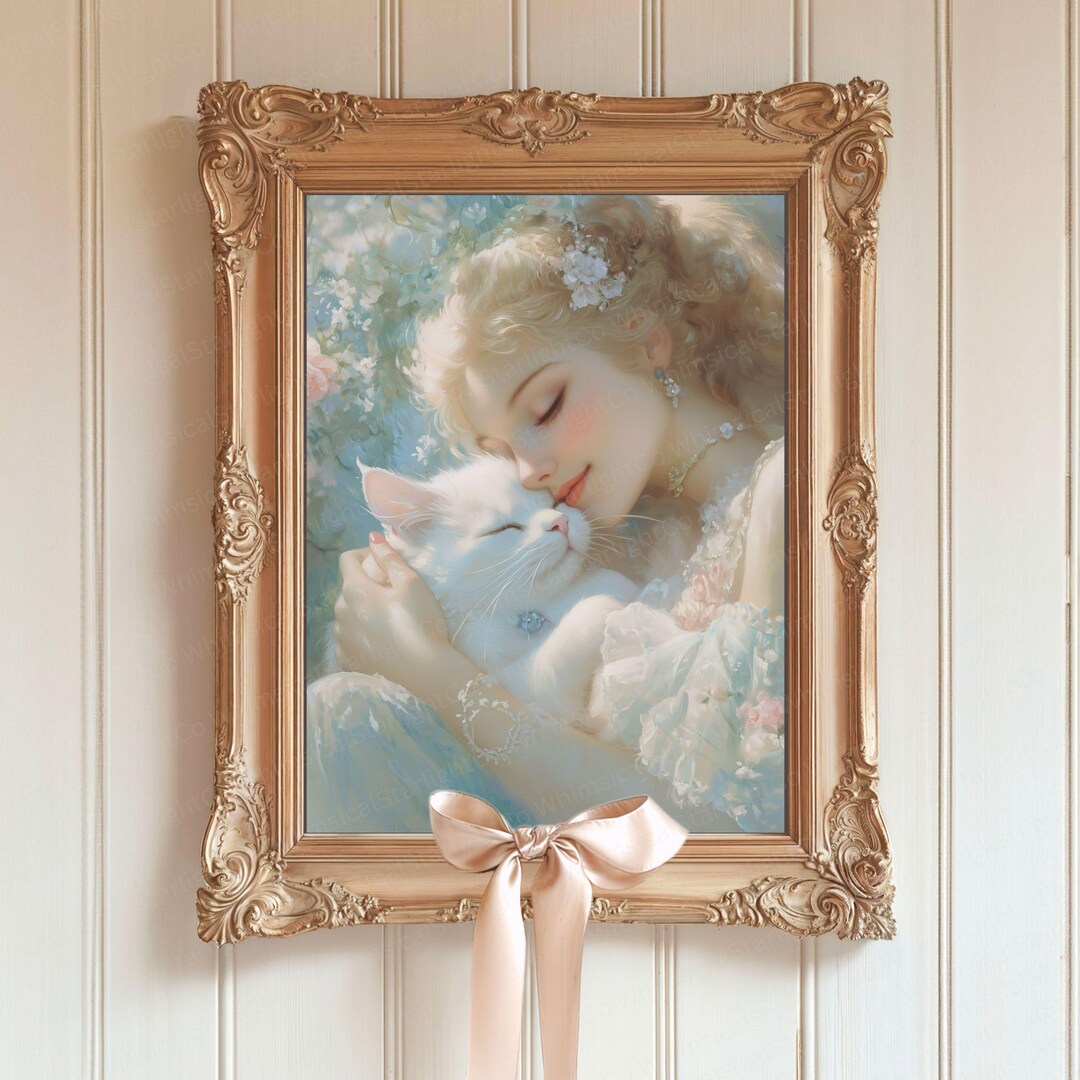 Charming White Cat Art Print with Elegant Frame