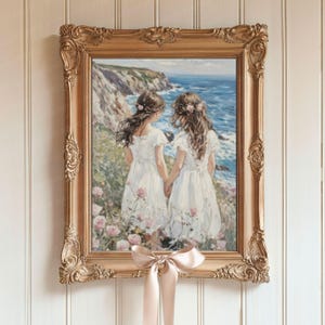 Décoration de chambre partagée soeurs jumelles, soeurs aux cheveux bruns, main dans la main peinture à l'aquarelle, oeuvre Photoshoot de filles de fleur de mariage vintage