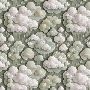 Könnte beinhalten: Ein sich wiederholendes Muster aus weißen und hellgrünen Wolken auf einem gedämpften grünen Hintergrund. Die Wolken haben ein strukturiertes, dreidimensionales Aussehen, wobei einige Regentropfen und kleine Blattdetails aufweisen. Das Design ist weich und skurril.