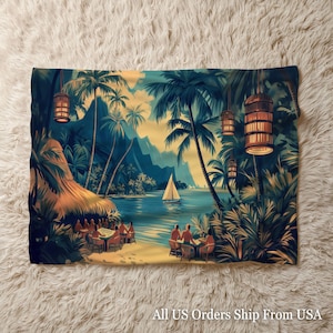 May include: A tropical-themed blanket featuring a beach scene with palm trees, a sailboat, and people dining at tables. The artwork has a vintage style with blue, green, and yellow hues. The text "All US Orders Ship From USA" is at the bottom.