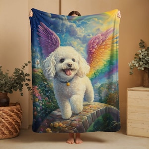 Regalo commemorativo a forma di Bichon Frisé, graziosa coperta a forma di Bichon Frisé, ricordo del cane che muore, opera d'arte raffigurante un Bichon Frisé con ali d'angelo che attraversa il ponte dell'arcobaleno