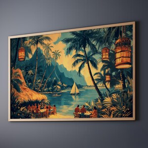 Tiki Bar Wandkunst, Hawaiische Lagune, Segeln Sonnenuntergang Hawaii Poster, Hawaii Kunst, Exotische Insel Szene Kunstwerk, Strand Abendessen Wanddekor
