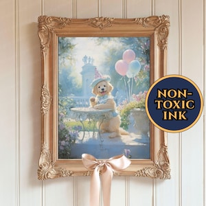 Golden Retriever Birthday Party Decor - Golden Retriever With Balloons Tongue Out Waving Paw Saying Hi, Festive Golden Retriever Wall Art