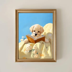 Cute Reading Puppy Dog Painting - Vibrant Summer Bookish Wall Art, Personalized Golden Yellow Labrador Retriever Dog in Blanket Print Gift