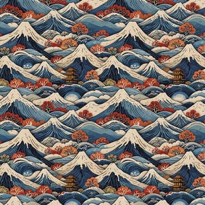 Puede incluir: Patrón repetitivo con picos montañosos japoneses estilizados con cumbres nevadas, olas azules y follaje rojo y naranja. Pequeñas pagodas se encuentran entre las montañas. El diseño tiene una estética vintage y artística.