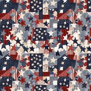 Peut inclure: Un motif de patchwork répété avec des étoiles et des rayures rouges, blanches et bleues. Le motif comprend diverses formes d'étoiles et d'éléments rayés, créant un aspect patriotique et texturé. Le thème général est l'américain.