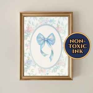 Pastel Blue Bow Wall Art - Vintage Floral Print, Shabby Chic Nursery Decor, Feminine Cottagecore Aesthetic, Soft Watercolor Ribbon Artwork