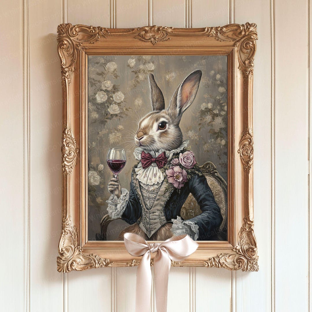 Victorian Rabbit Wall Art Drinking Wine Whimsical Bunny Painting Regal ...