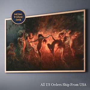 Könnte beinhalten: Ein gerahmter Druck eines klassischen Gemäldes, das nackte Figuren zeigt, die in einer feurigen, rot-orangen Umgebung tanzen. Das Kunstwerk ist in einem hellfarbigen Holzrahmen gerahmt. In der oberen linken Ecke befindet sich ein runder Aufkleber mit der Aufschrift "NON-TOXIC INK".