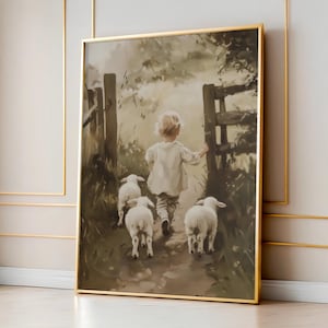 Stampa ad acquerello raffigurante un bambino con agnelli, idea regalo per la parete con un bambino che cammina con un grembiule, grazioso arredo per la cameretta dei bambini a tema fattoria, cameretta in stile country.
