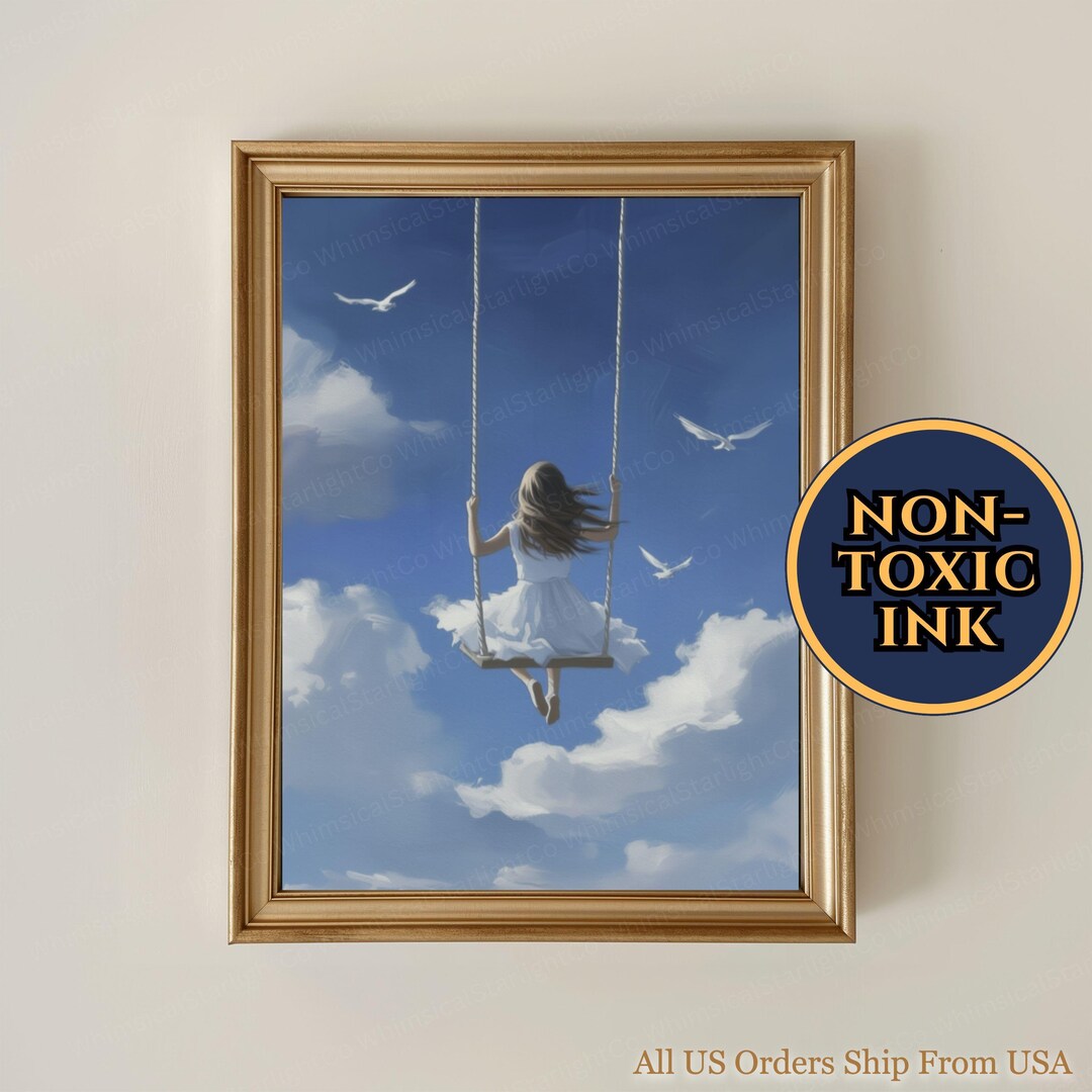 Girl on Swings in the Sky Wall Art Watercolor Painting Little Girl ...
