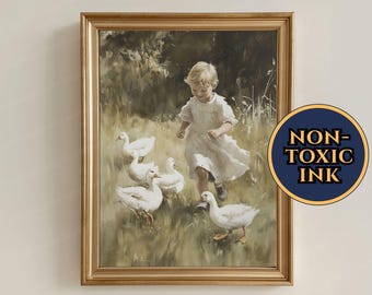 アヒルと少女のヴィンテージ絵画 – 素朴な農家のアート（デジタル