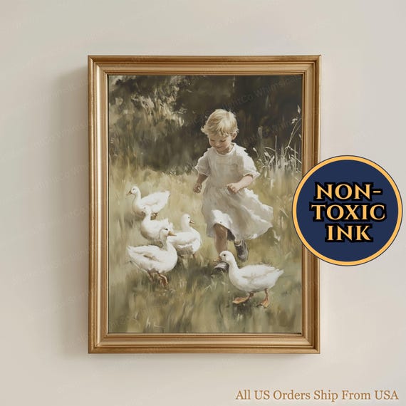 アヒルと女の子の絵画 農場の少女とアヒルの壁アート アヒルと走る子供 