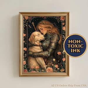 Female Medieval Knight Hugging Golden Retriever Painting - Floral Dark Cottagecore Wall Art, Vintage Moody Print, Dog Mom Memorial Gift