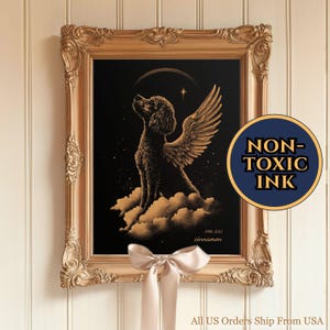 Personalized Poodle Memorial Wall Art, Angel Wings Custom Poodle Loss Gift, Poodle In Heaven On Clouds Painting, Customized Name Birth Year