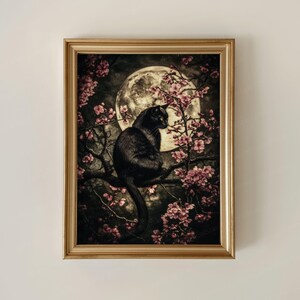 Gothic Black Cat Sakura Night Painting, Cherry Blossoms Full Moon Wall Art, Moody Dark Cottagecore Goth Kitten Print, Dark Academia Cat Gift