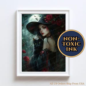 Lámina artística de bruja vampiro y gato negro – Pintura mural de estilo Dark Academia en el bosque encantado – Decoración sombría para el hogar, gata negra con ojos verdes