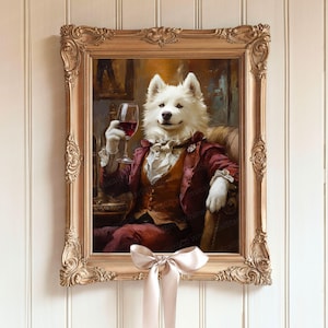 Grappige Samojeed koninklijke portret kunst aan de muur – Victoriaanse wijnliefhebber hond kunst, koninklijke Samojeed bar decor, uniek Samojeed cadeau moeder en vader