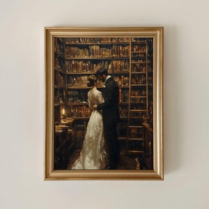 Abbraccio degli innamorati in un'antica biblioteca, regalo di nozze personalizzato per lo sposo e la sposa, regalo di anniversario di matrimonio, regalo di anniversario di coppia