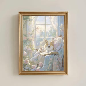 ウェルシュ コーギー読書壁アート水彩画、毛布に包まれたかわいいコーギーの子犬のプリント、パステル 春夏コテージコア犬用装飾