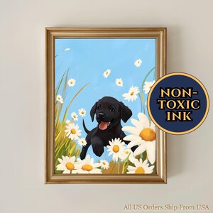 Black Labrador Retriever Puppy in Daisies Field Wall Art, Playful Black Lab With White Flowers Painting, Dog Running Through Grassfield Gift