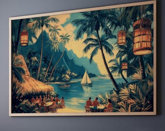 Tikibar muurkunst horizontale Hawaii poster zeilen zonsondergang kunstwerk exotisch eiland feestdecor strand diner vintage retro scène Hawaiiaanse lagune