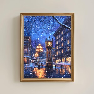 Vancouver Gastown Steam Clock Print, Wall Art Print Poster, Downtown Winter Christmas Scene, Night Snowfall, Beautiful British Columbia