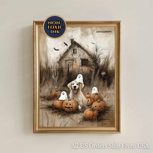 Golden Retriever Cute Ghosts Wall Art Fall Golden Retriever Autumn Season Home Decor Halloween Golden Retriever Pumpkin Patch Vintage Print